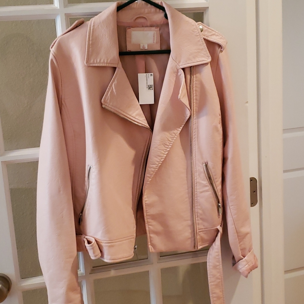 Pink faux leather motorcycle jacket